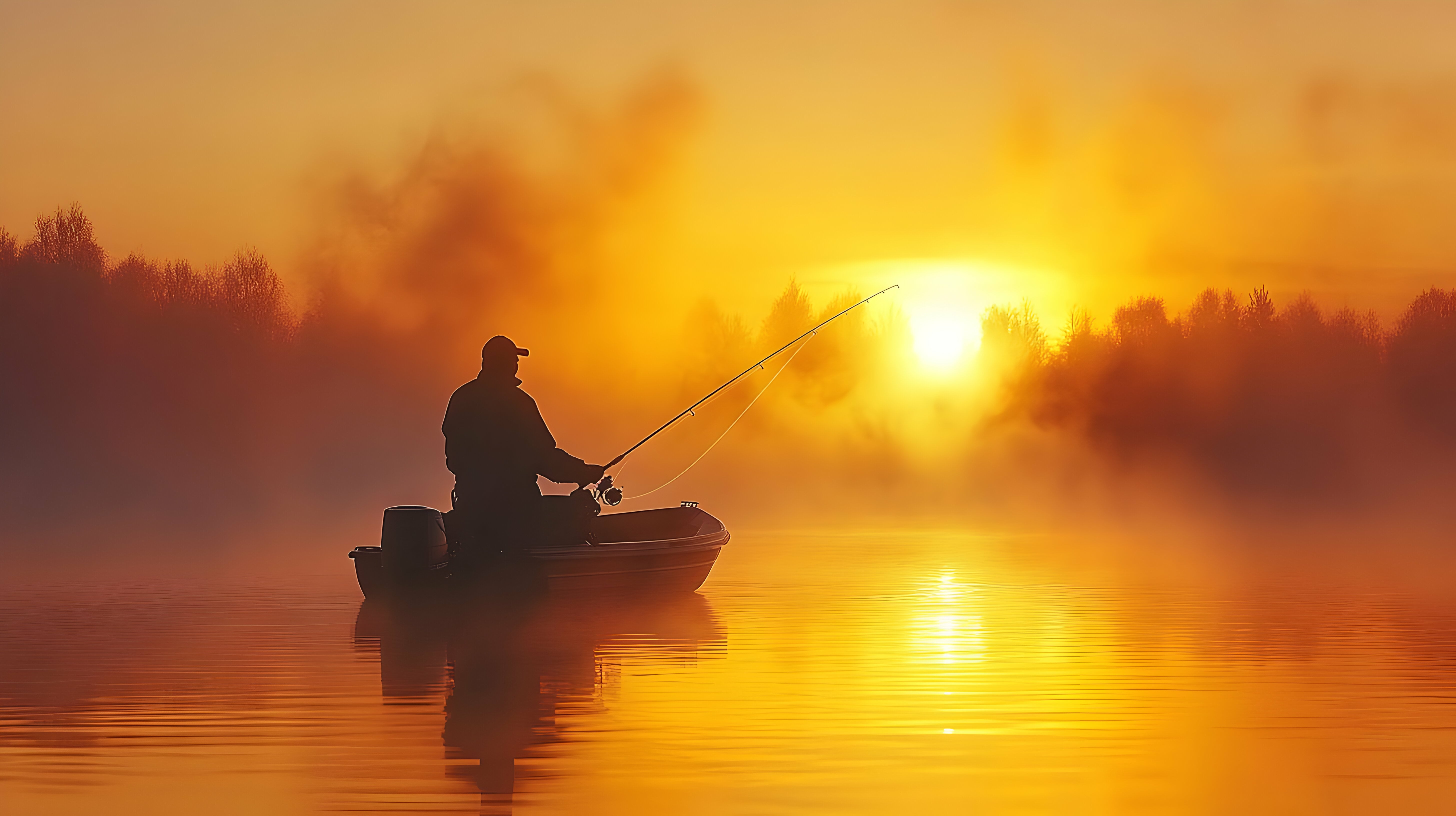 Pêcheur en silhouette sur un bateau à l'aube, avec de la brume sur l'eau
